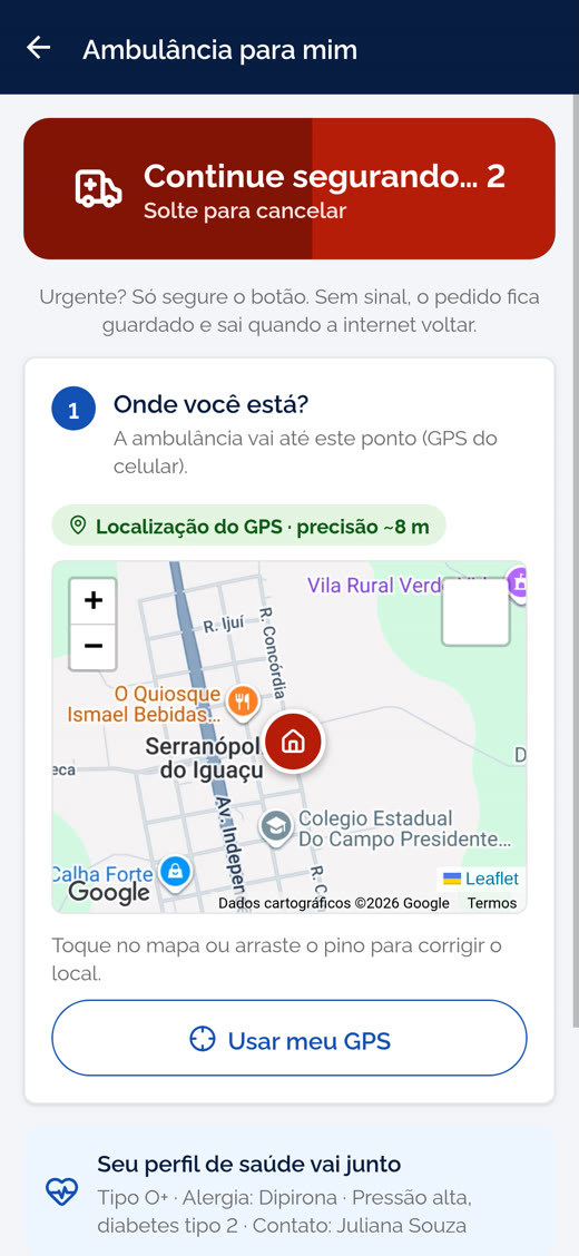 Tela do app do cidadão com o botão de pedir ambulância sendo segurado